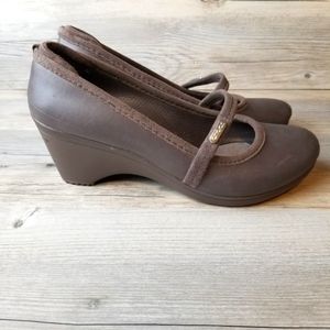 Crocs Brown Casey Mary Jane Semi Wedge Heel Shoes